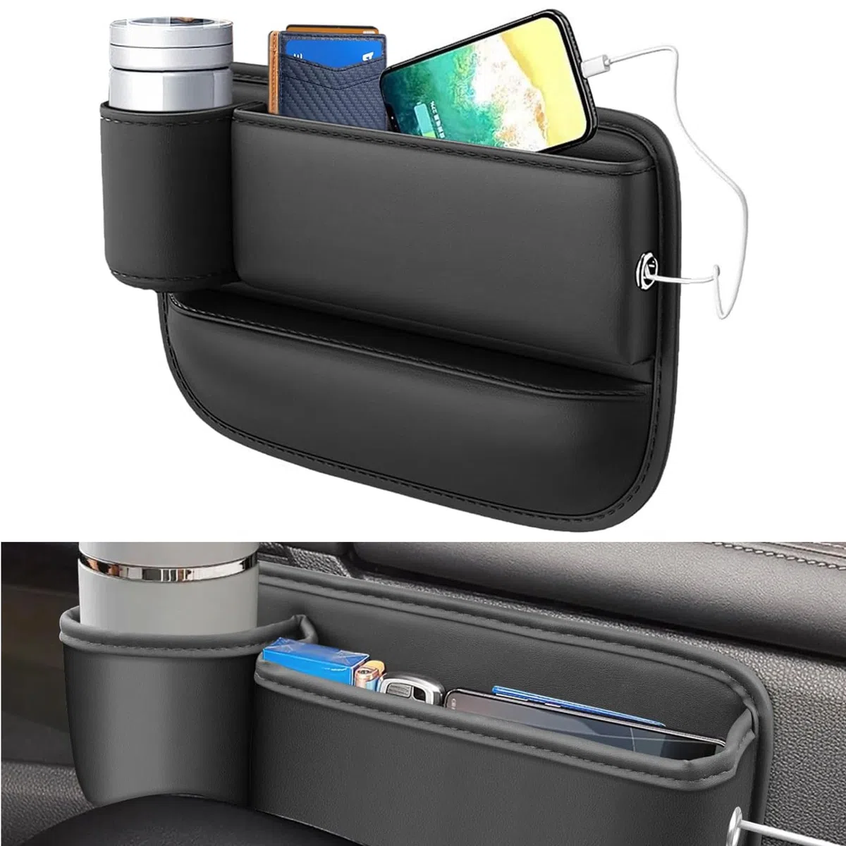 Organizador Coche 30 x 20 x 2,5 cm Universal Organizador Asiento Coche, Negro Organizador Consola Asiento, para Teléfonos Móviles, Llaves, Gafas, Monedas,Carteras (Asiento del conductor)