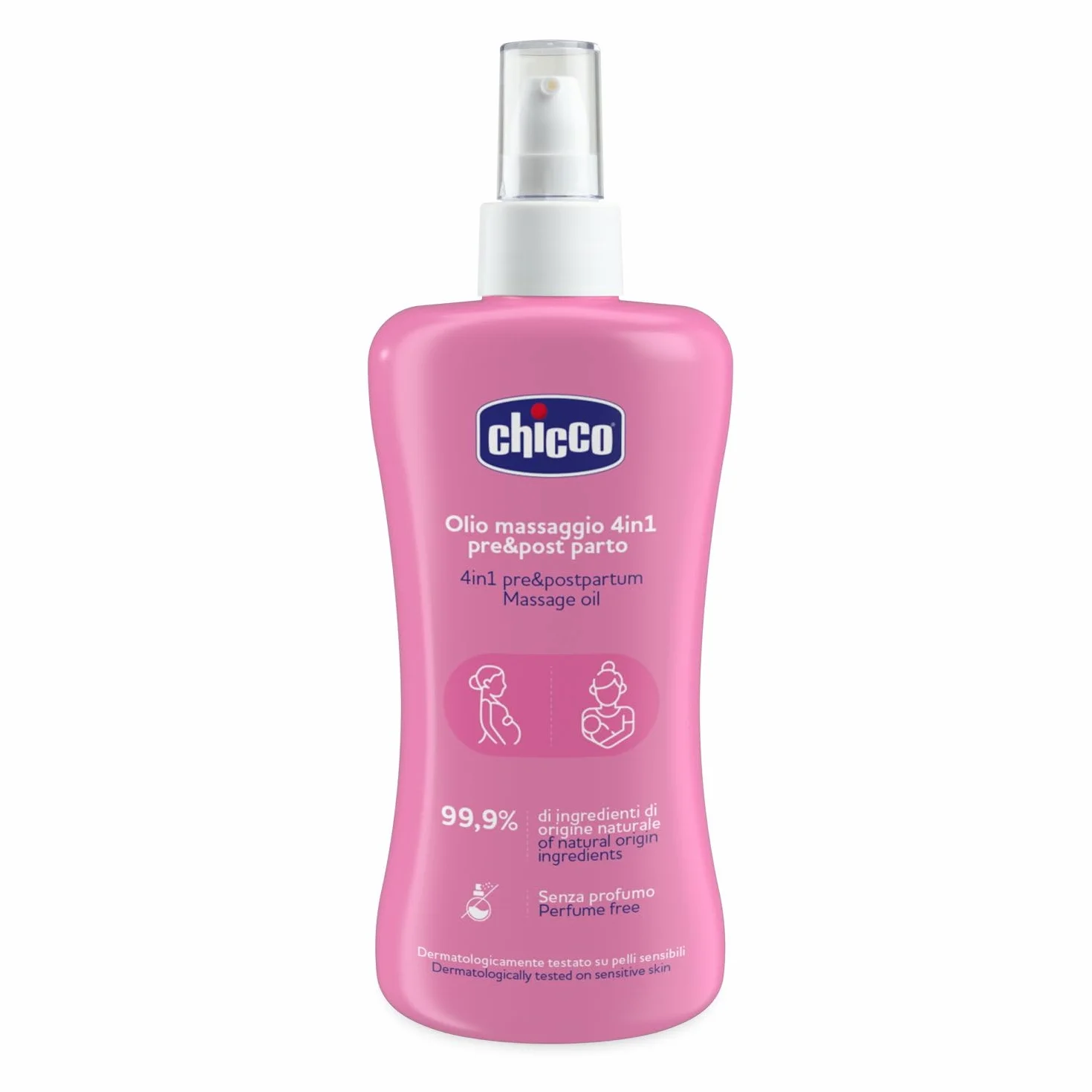 Chicco Aceite para Masaje Pre y Post Parto 4 en 1, Solución Natural y Multifuncional, Previene Estrías, Hidratante y Elasticizante, Rosa