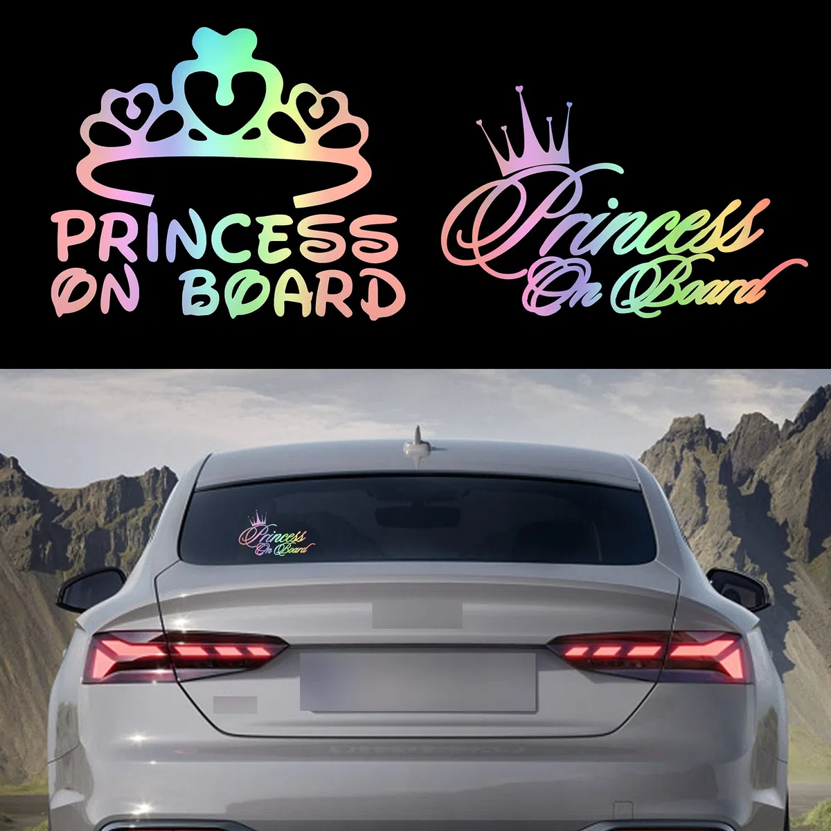 TOMALL 2 Piezas Princesa a Bordo Coche Ventana Vinilo Pegatinas Impermeable Autoadhesivo Princesa Corona para Coche Camión Parachoques Tronco Decoración (Gradiente)