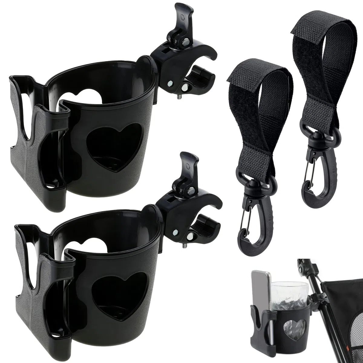2-EN-1 Soporte para bebidas para cochecito de bebé con soporte para teléfono universal, accesorio para cochecito, bicicleta, soporte para taza con 2 ganchos, soporte para vasos, soporte para