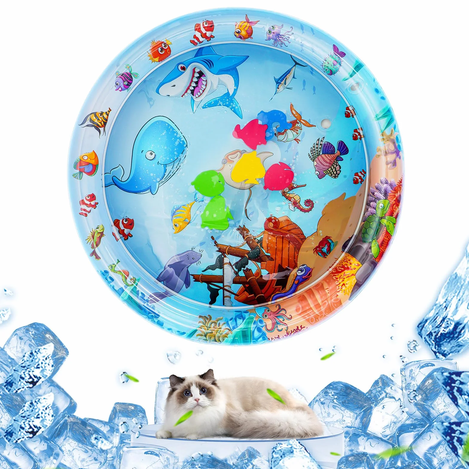 OSDUE Tapete de Juego Sensorial de Agua para Gatos, Estera de Alfombra de Agua Sensorial Redonda Interactiva Juguetes para Mascotas, Inflable Espesado Alfombrilla de Enfriamiento (Tiburón)