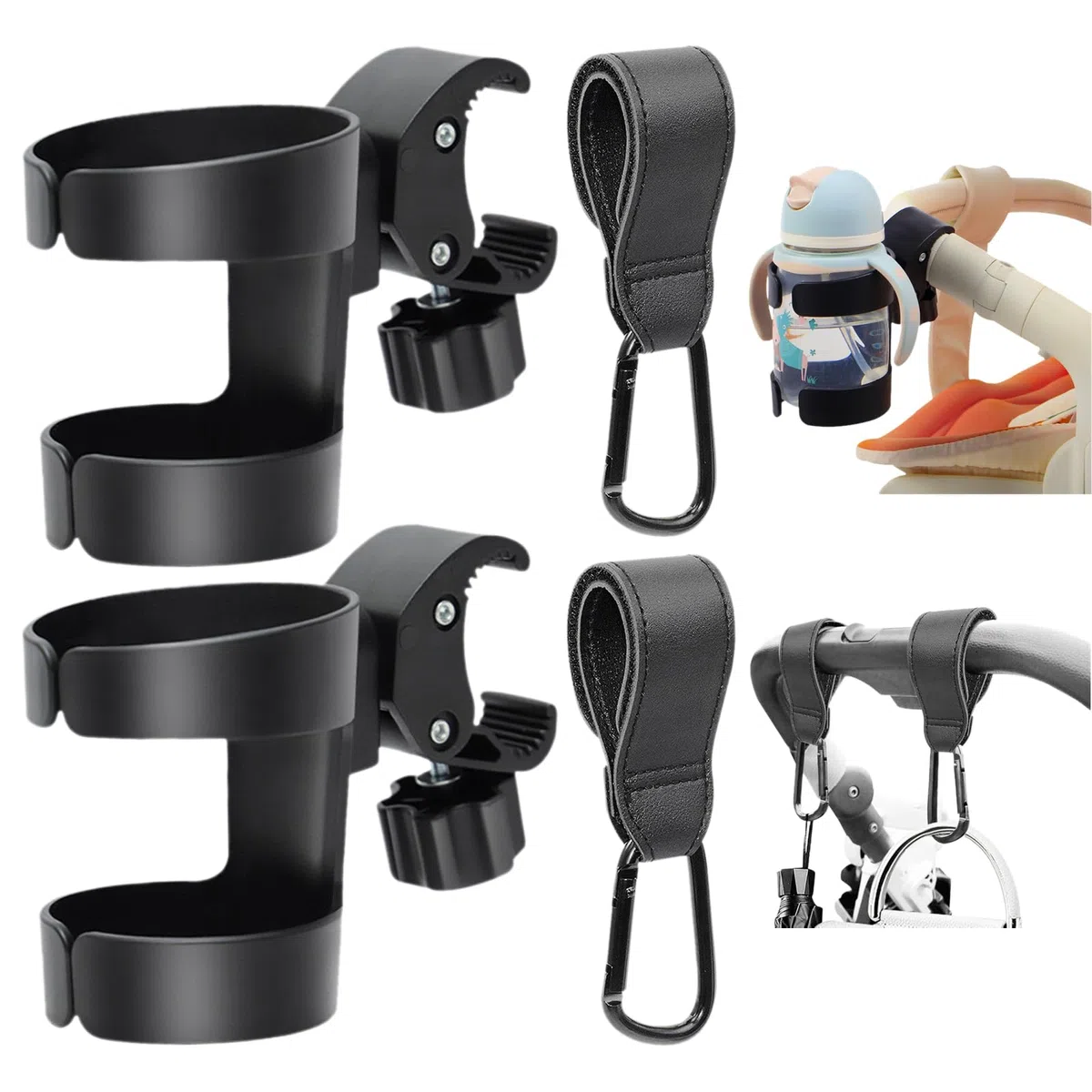 Portavasos para Cochecito de 2 Piezas, Portavasos Universal para Bicicleta con 2 Ganchos para Cochecito, Portavasos para Cochecito con Rotación de 360 Grados, para Carritos