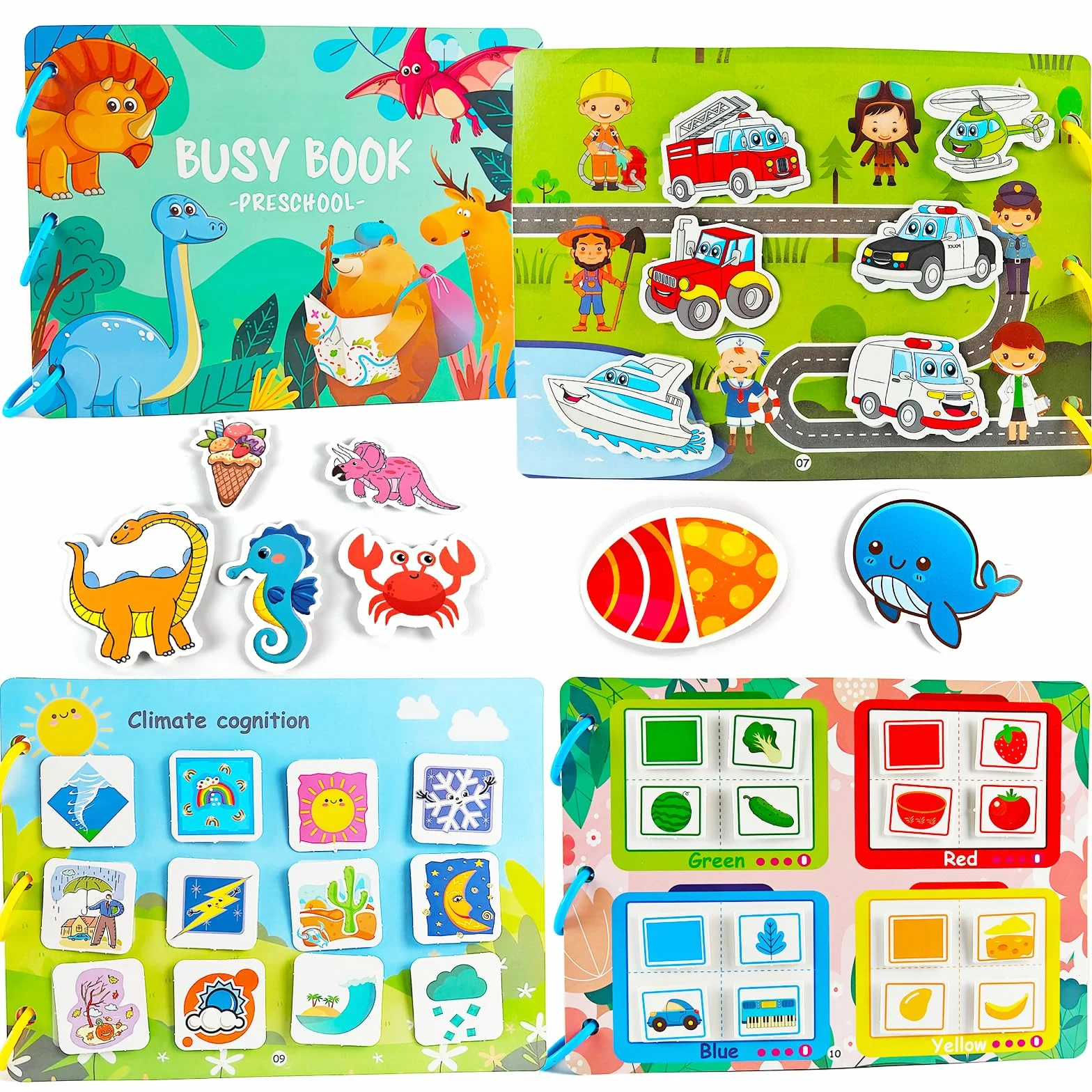 Libro Montessori para Niños de 1 2 3 4 5 Años, Quiet Book, Busy Book, Libro de Actividades para Aprender Animales, Colores, Formas, Frutas, Verduras, Vehículos, Clima, Alimentos y Dinosaurios