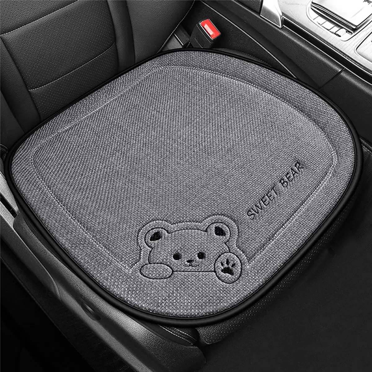 Cojin Asiento Coche de Lino, 50x50cm Cojines Coche Asientos Delanteros, Cojin Coche Conductor con Ositos de Dibujos Animados, Auto Asiento Cojín Antideslizante para Asiento de Coche, SUV (Gris)