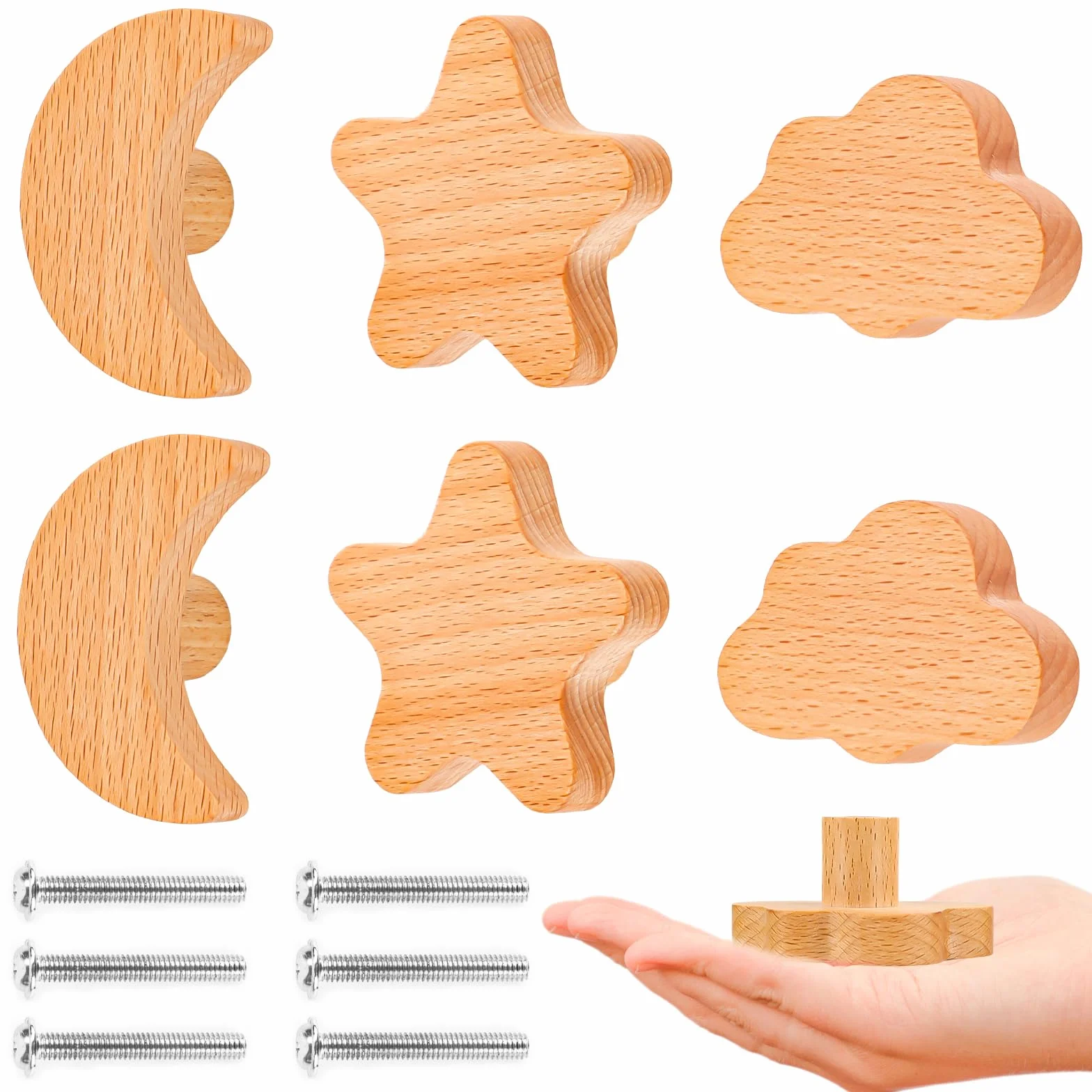 AKONE 6 pomos de madera para armarios infantiles, diseño de estrellas, luna, nubes de madera, para armario, cajones, decoración natural, cajón, habitación de los niños
