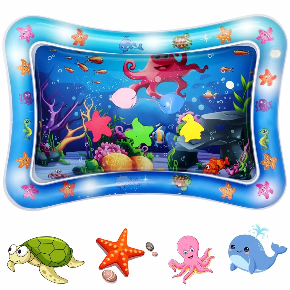Aolso Almohadilla Agua Inflable,Alfombra Inflable con Agua Tema Oceánico,Alfombra de Agua para Bebes,Cojín de Agua Inflable con Espejo y Sonajero para Bebé,Cojín Colchones de tiempo boca abajo Bebés