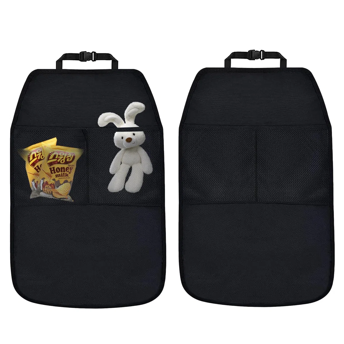2 Piezas Protector Asiento Coche Respaldo, Tela Oxford Almohadilla Antipatadas del Asiento Trasero con 2 Bolsillos, Alfombrillas Antisuciedad Coche Patadas con Hebilla Ajustable para Bebés y Niños